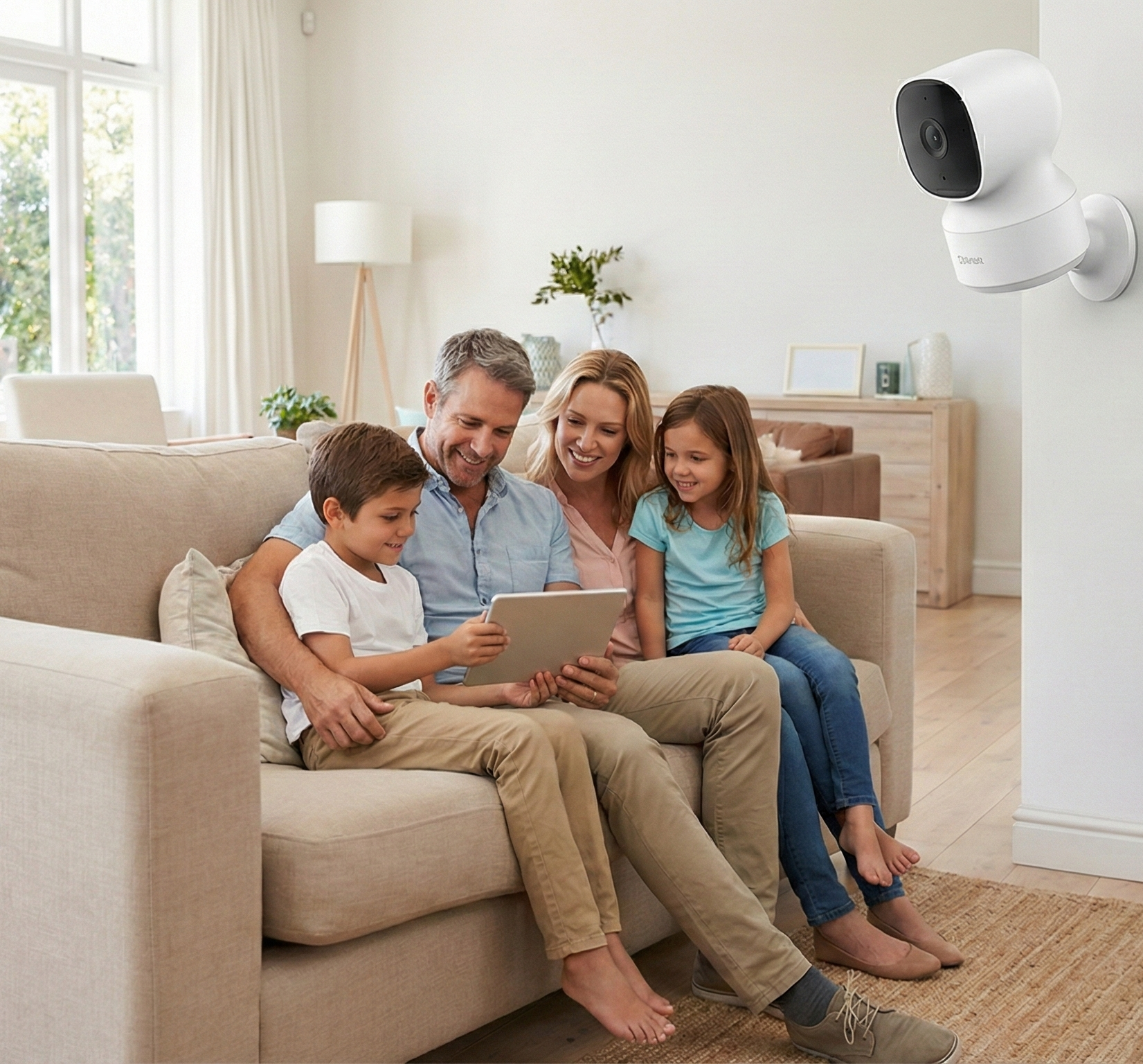 Familia en el living usando tablet con sistema de seguridad.